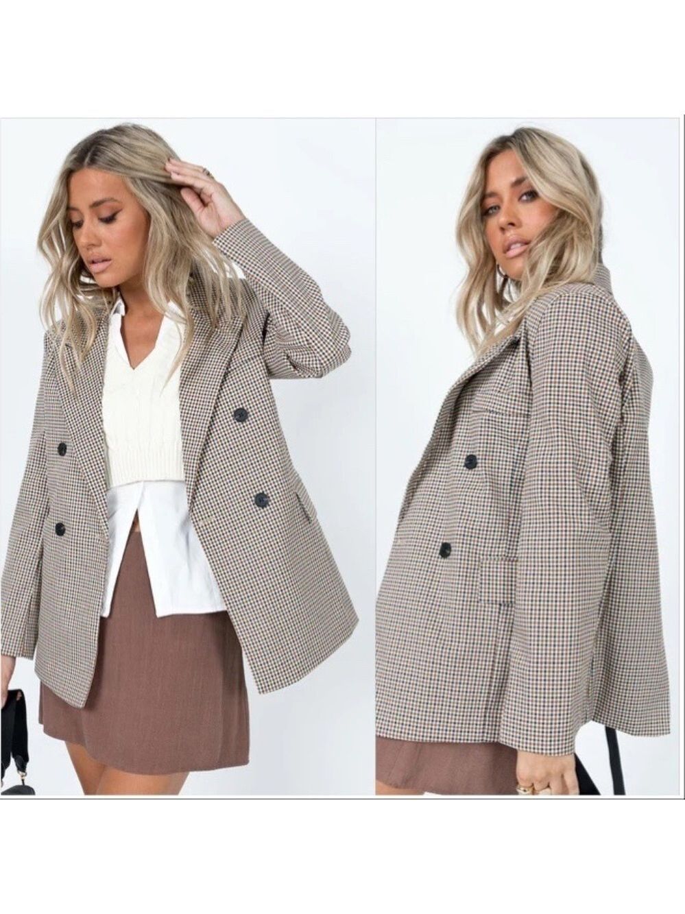 Princess Polly Keiera Plaid Blazer Cream, Brown, Black Size 0 XS